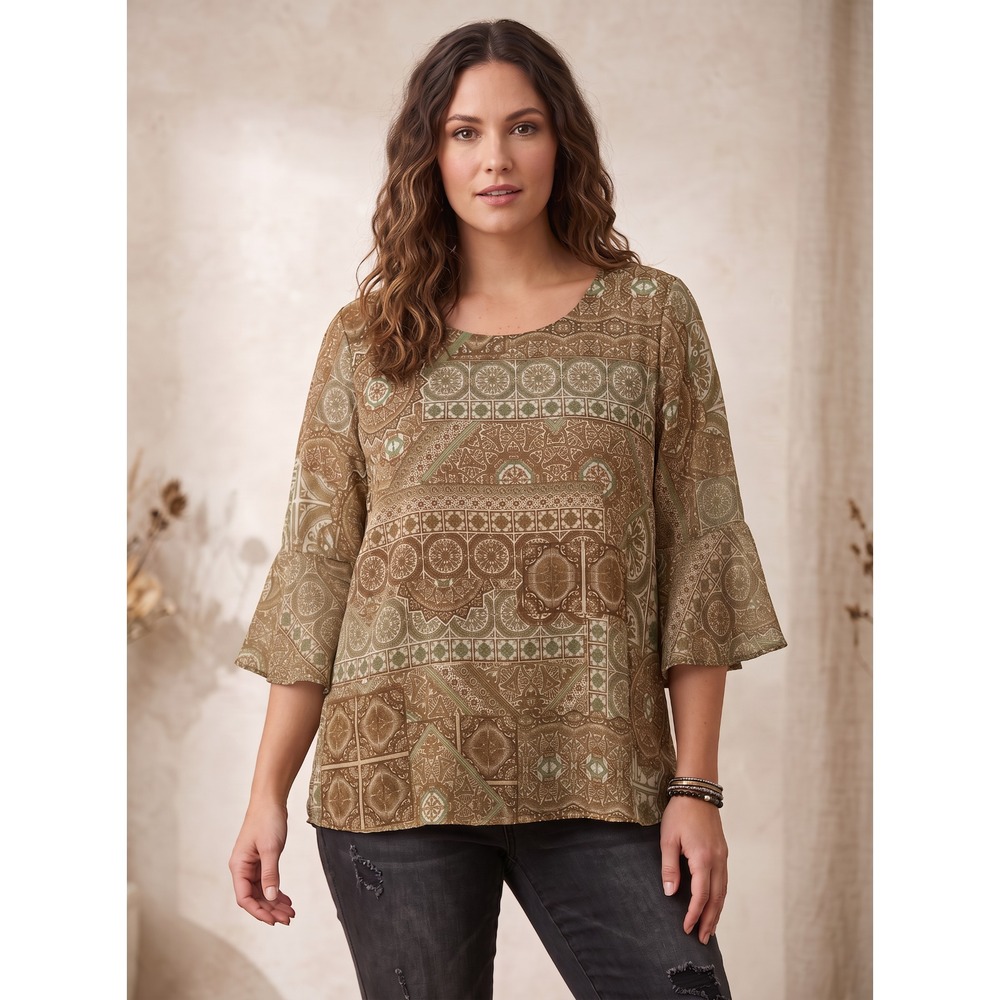 Kim Rogers Boho Chic Mosaic Print Top Bell Sleeve Mesh Earthy Brown Green 1X